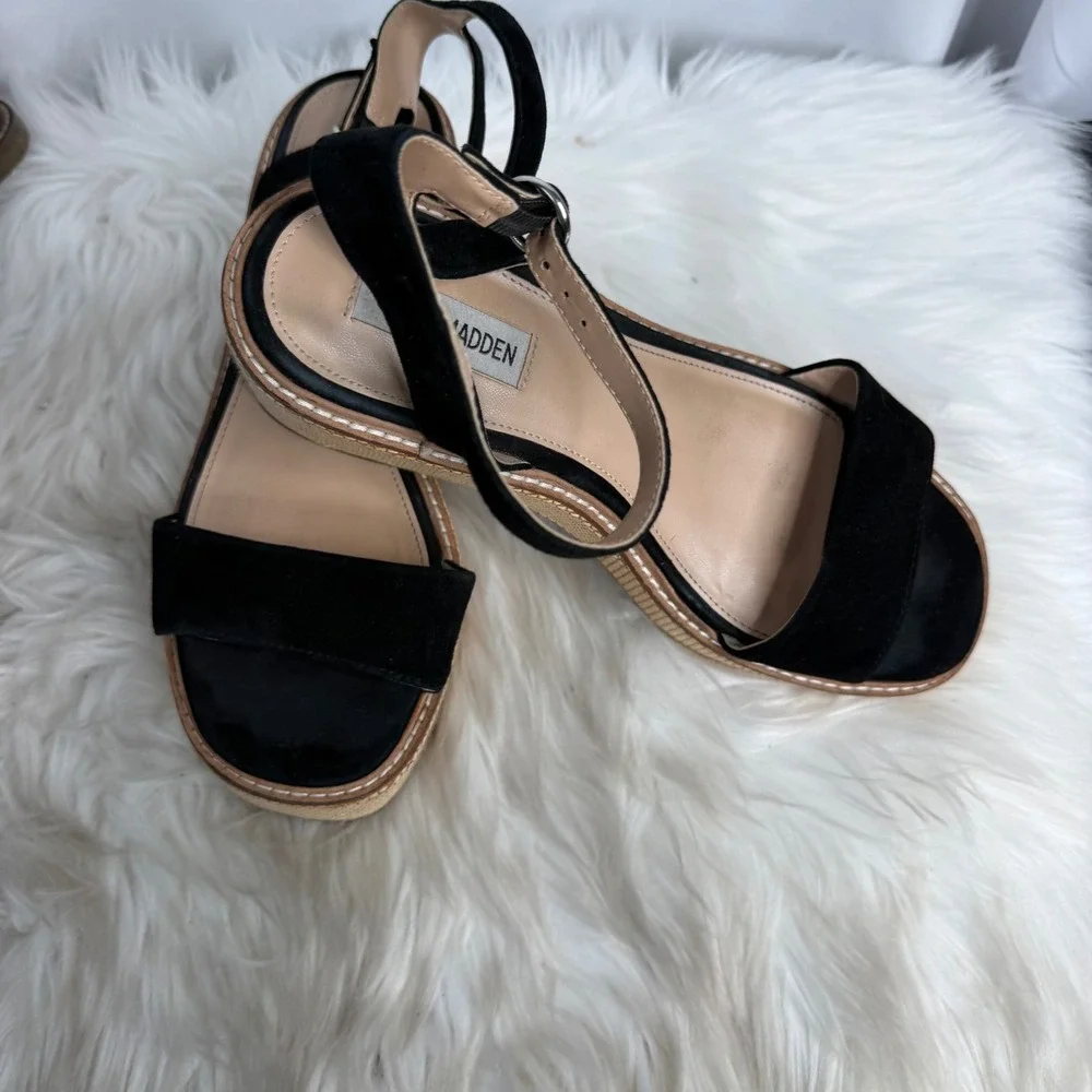 Steve Madden Composed Black Suede Raffia Platform Wedge Sandals COMP04S1